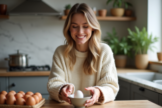 Jeune femme cuisine un œuf dans une cuisine chaleureuse