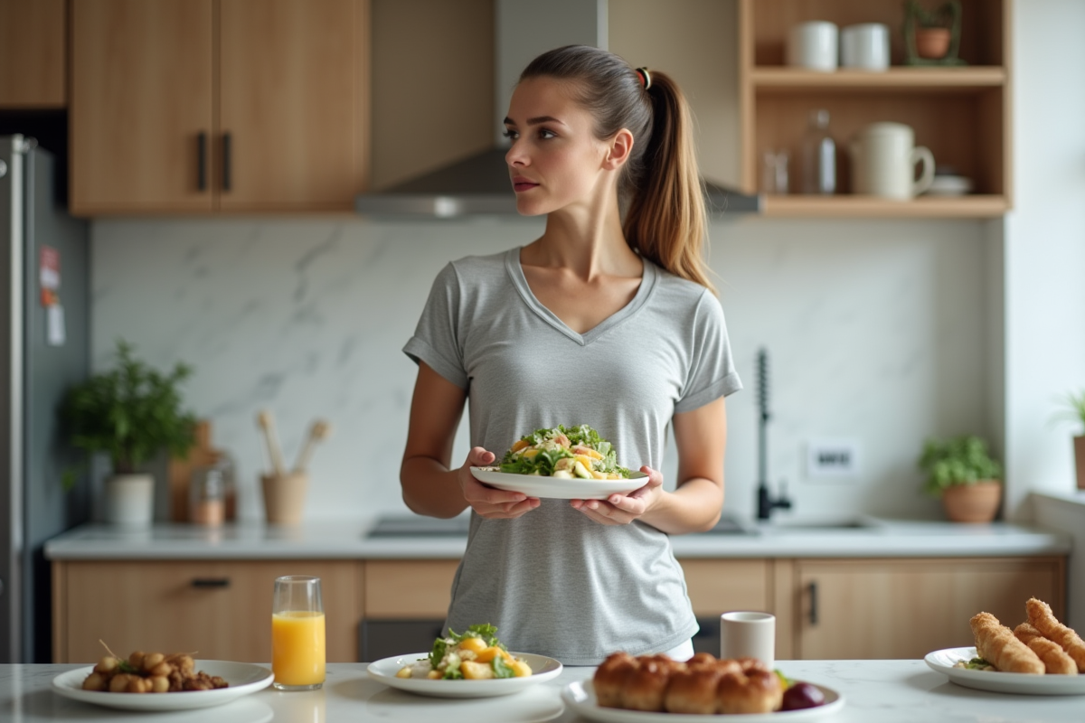 Femme en cuisine moderne tenant une salade légère