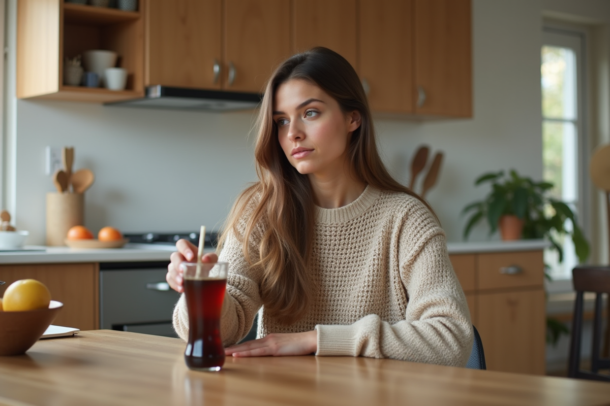 Femme pensant à la cuisine avec soda sucré