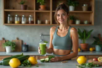 Femme sportive tenant un verre detox vert maison