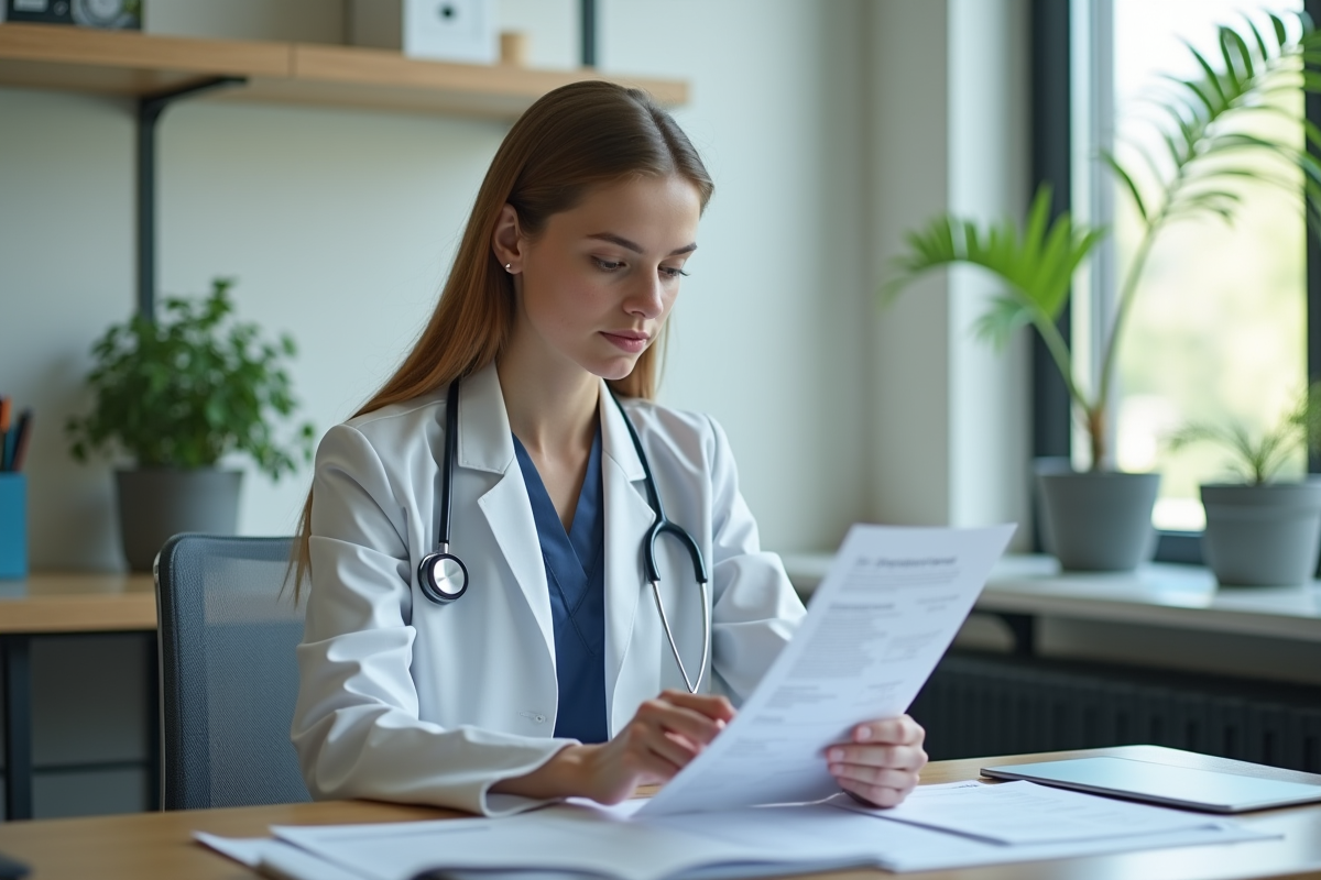 Jeune femme médecin examine un dossier médical au bureau