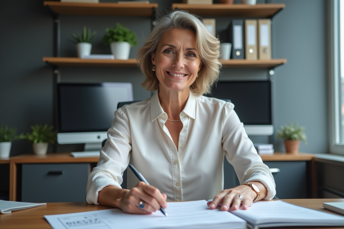 Femme en tenue professionnelle examinant des documents dans un bureau