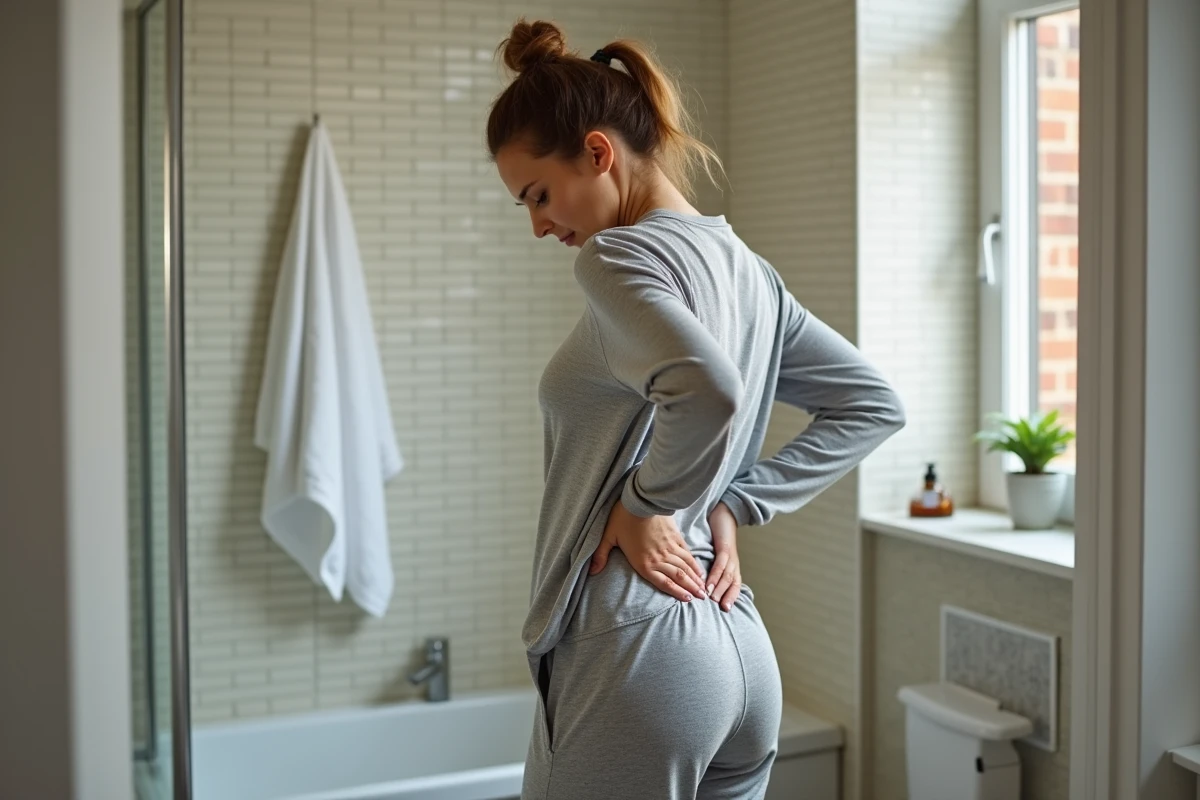 Jeune femme se tenant le dos dans une salle de bain