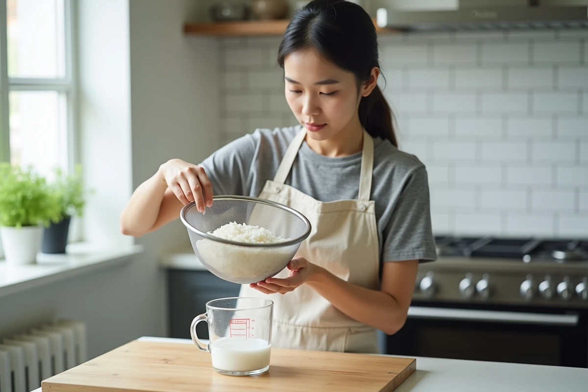 Jeune femme versant l'eau de rinçage du riz dans un verre doseur dans une cuisine moderne, passoire à mailles fines en main