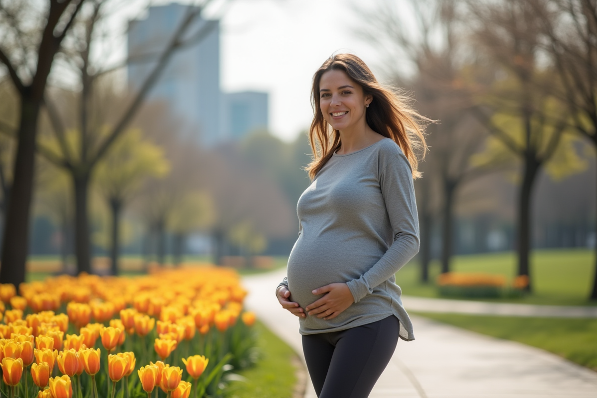 Femme enceinte se promenant dans un parc urbain