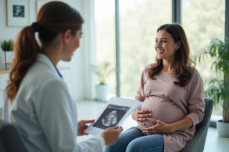 Femme enceinte souriante avec médecin dans une clinique moderne