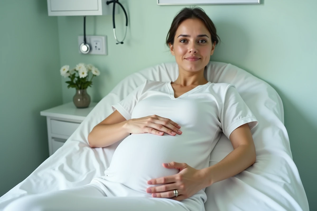 Femme enceinte allongée sur une table d'examen médical tenant son côté droit du ventre