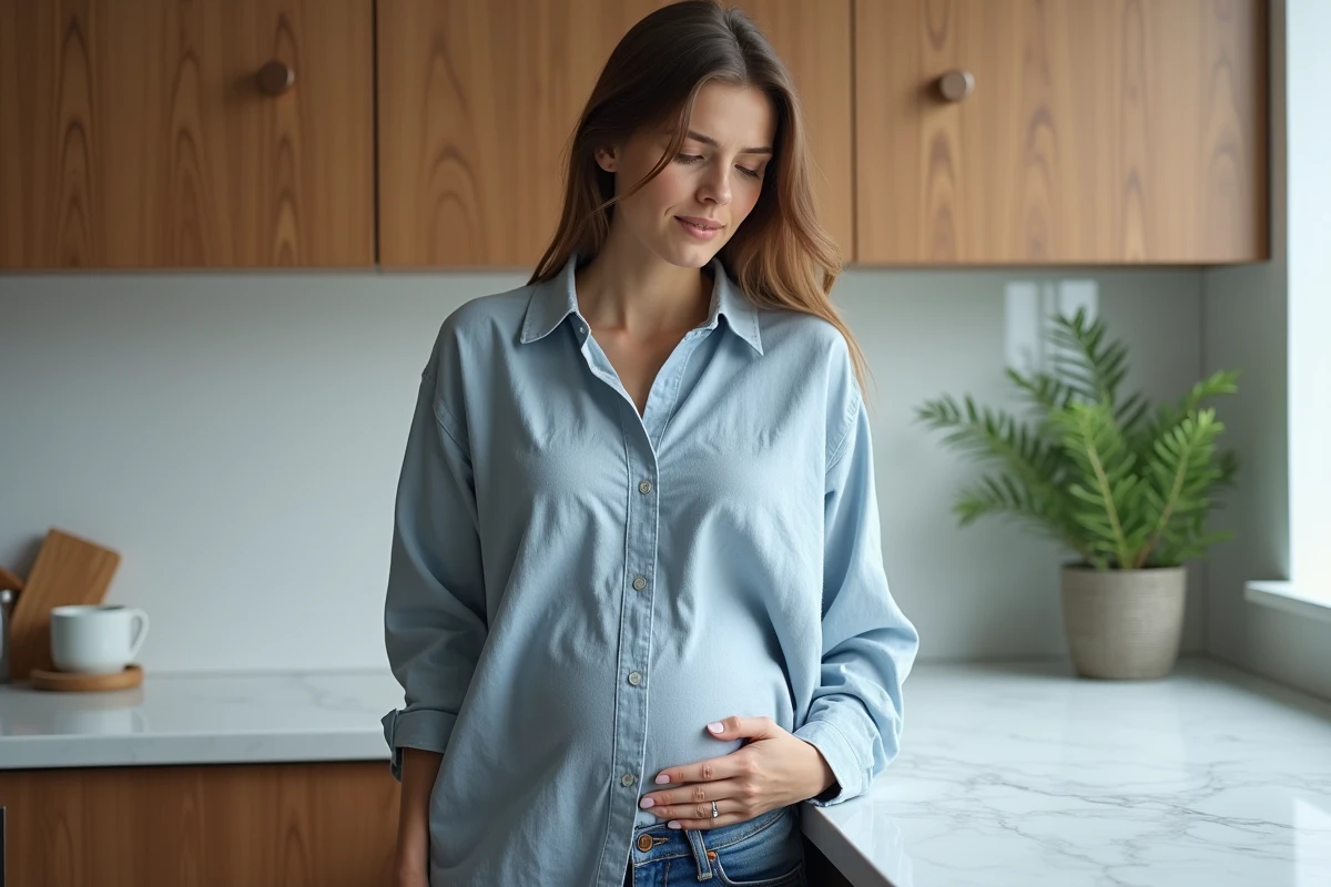 Femme enceinte debout dans une cuisine moderne la main sur le côté droit de son ventre