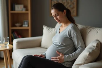 Femme enceinte assise tenant son côté droit avec une expression de gêne légère dans un salon cosy