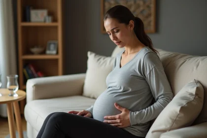Femme enceinte assise tenant son côté droit avec une expression de gêne légère dans un salon cosy