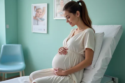 Femme enceinte assise sur un lit de maternité regardant son ventre