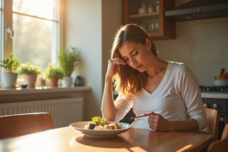 Femme enceinte mangeant sushi dans une cuisine lumineuse