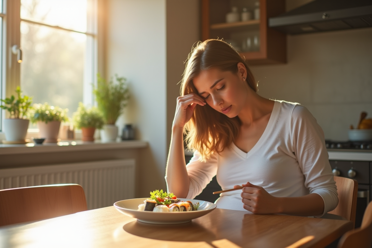 Femme enceinte mangeant sushi dans une cuisine lumineuse