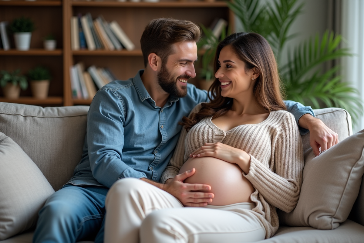 Femme enceinte sur un canapé avec son partenaire dans un intérieur chaleureux