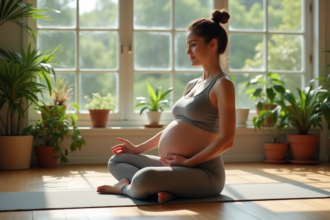Femme enceinte pratiquant le yoga prénatal en intérieur