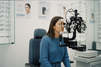 Femme lors d'un examen de vue dans une clinique moderne