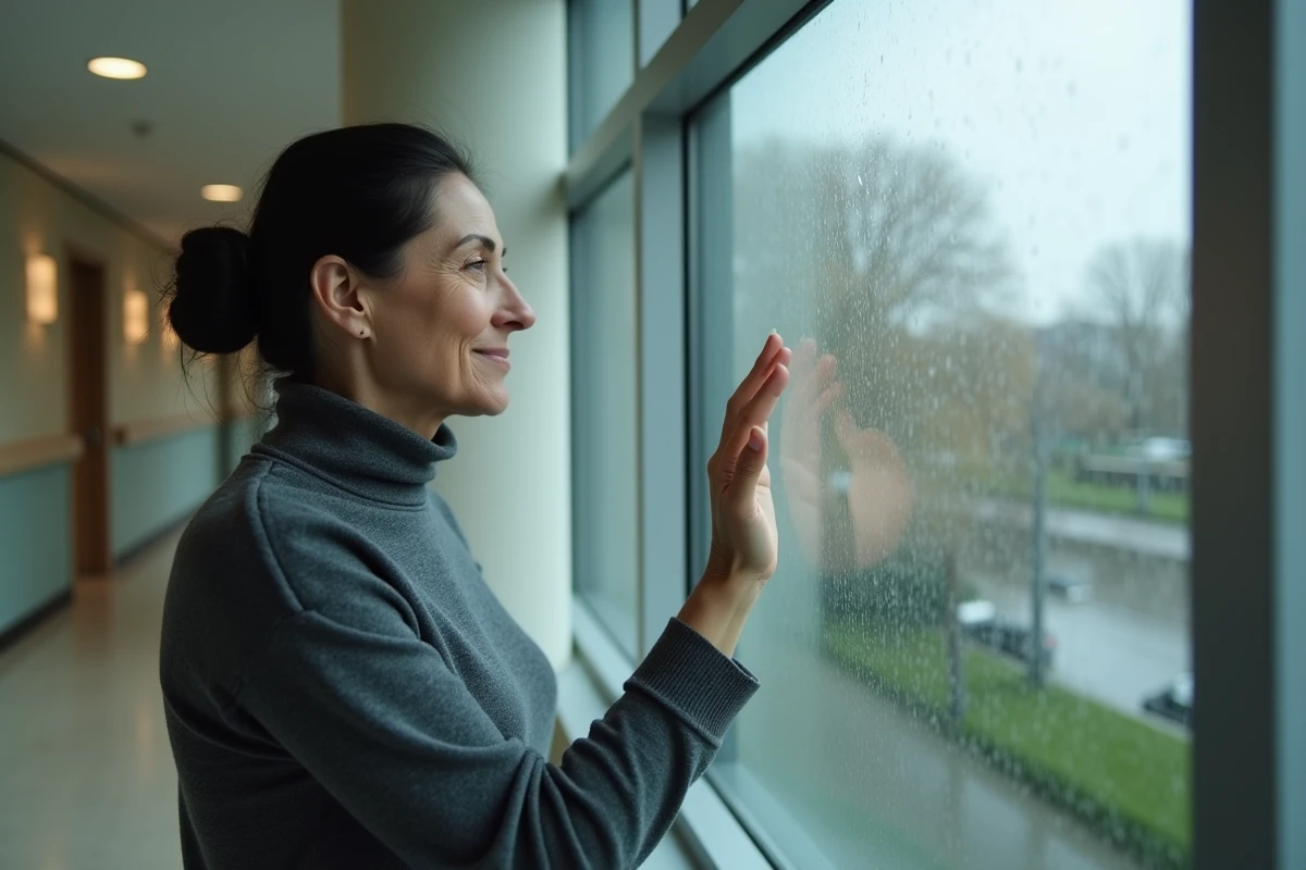 Femme songeuse dans un couloir d'hôpital regardant par la fenêtre, symbolisant le silence et la dignité face à la maladie