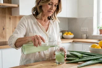Femme versant du jus d'aloe vera dans un verre dans une cuisine moderne pour soulager les troubles digestifs