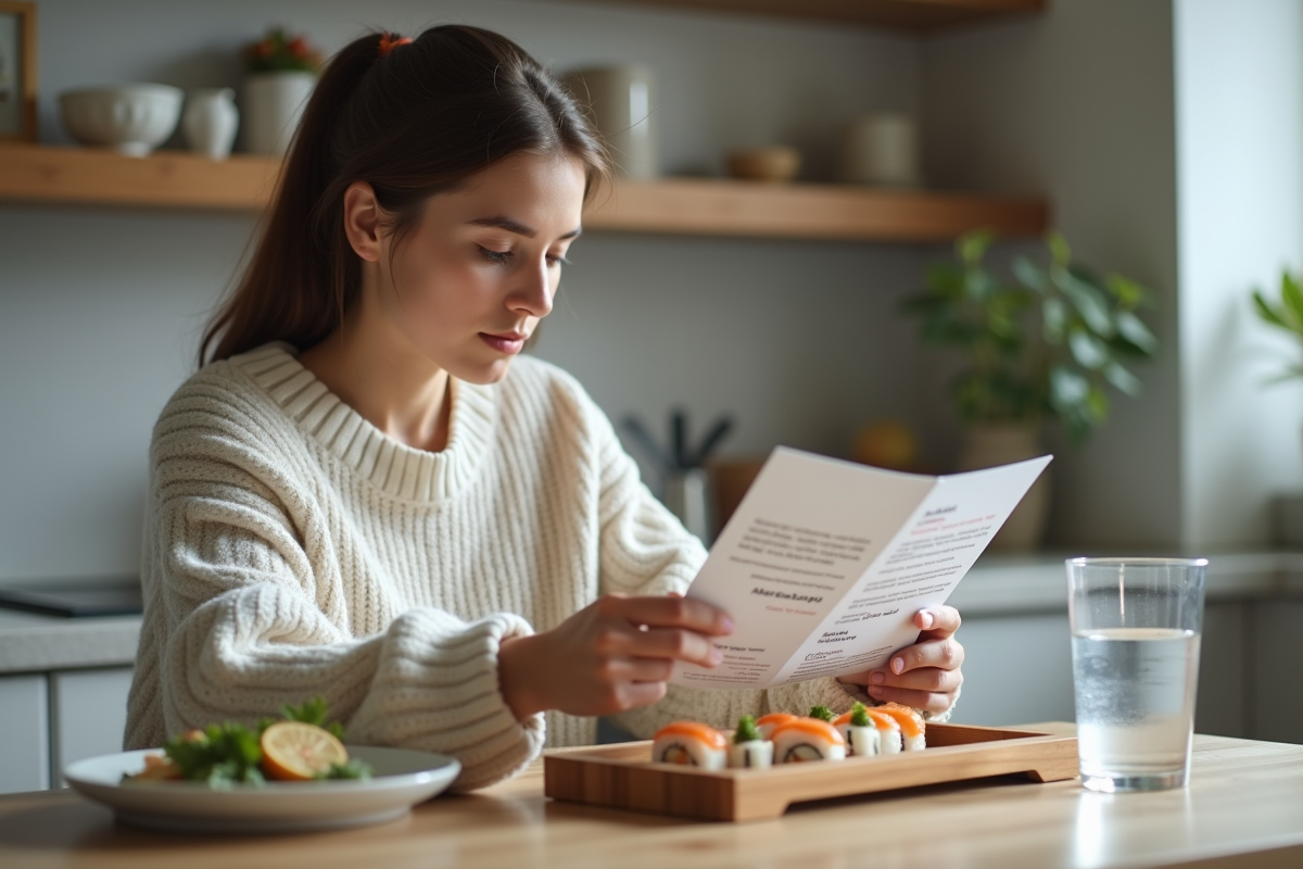 Femme lisant une brochure sur la transfert d'embryon dans une cuisine calme