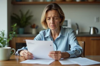 Femme d'âge moyen lisant une lettre dans la cuisine