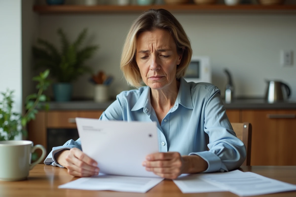 Femme d'âge moyen lisant une lettre dans la cuisine