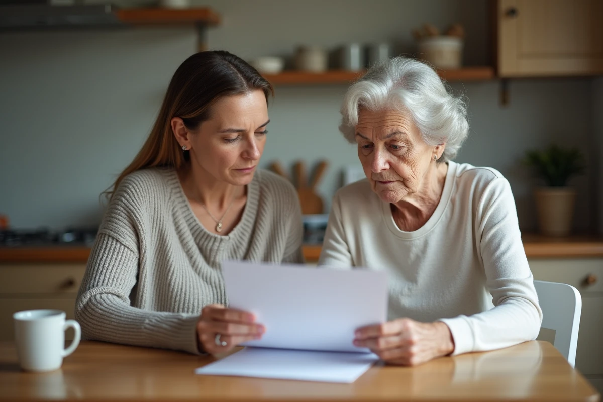 Femme âgée et fille lisant un rapport médical à la maison