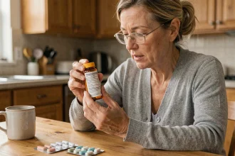 Femme lisant attentivement la notice d'un médicament sur ordonnance avant la prise, assise à une table de cuisine