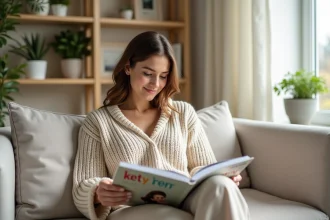 Femme lisant un magazine bien-être dans un salon lumineux