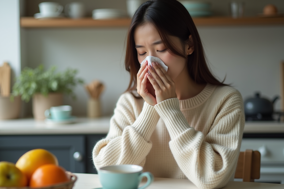 Jeune femme malade tenant un mouchoir dans la cuisine