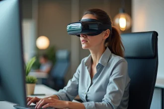 Femme portant un masque migraine au bureau