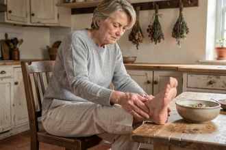 Femme massant son talon douloureux avec un remède naturel à base d'herbes pour soulager l'épine calcanéenne