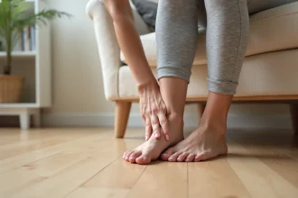 Femme d'âge mûr massant la voûte plantaire de son pied, illustrant le soulagement lié aux semelles orthopédiques Akusoli