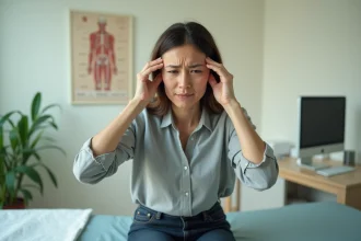 Femme souffrant de maux de tête lors d'une consultation médicale, assise sur la table d'examen dans un cabinet de médecin moderne