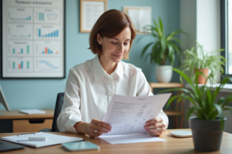 Femme médicale examinant un rapport dans un bureau moderne