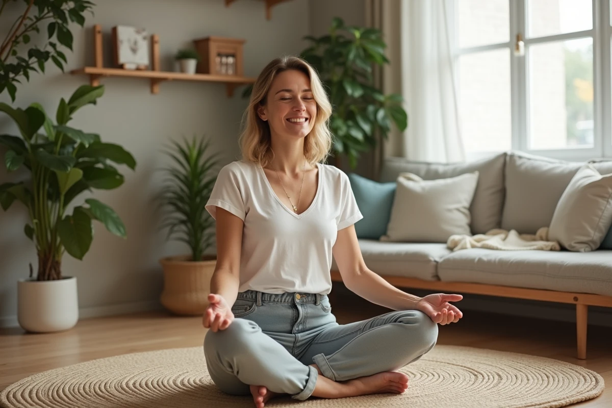 Femme méditant assise dans un salon cosy et lumineux
