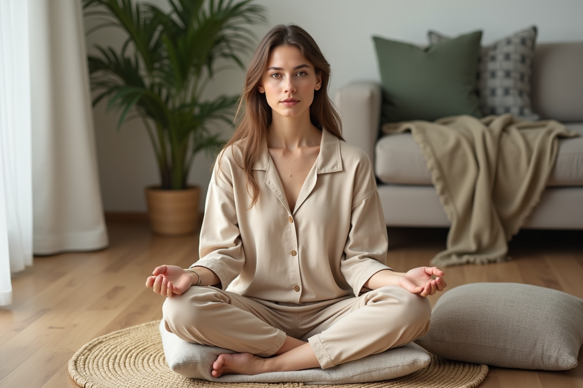 Femme en méditation dans un espace minimaliste naturel