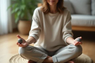 Femme tenant une worrying stone entre ses doigts dans une posture méditative, atmosphère zen et minimaliste