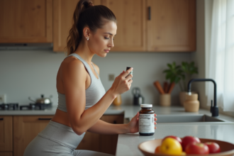 Femme lisant les infos d'un complément alimentaire