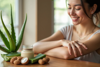Femme souriante appliquant une crème naturelle sur le bras avec aloe vera