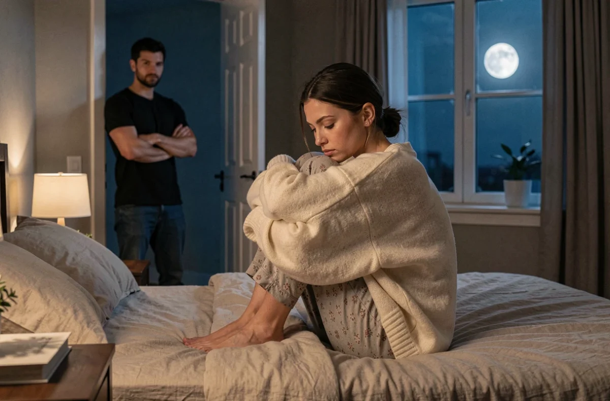 Femme pensive sur un lit lors d'une nuit de pleine lune, tension émotionnelle avec son partenaire en arrière-plan