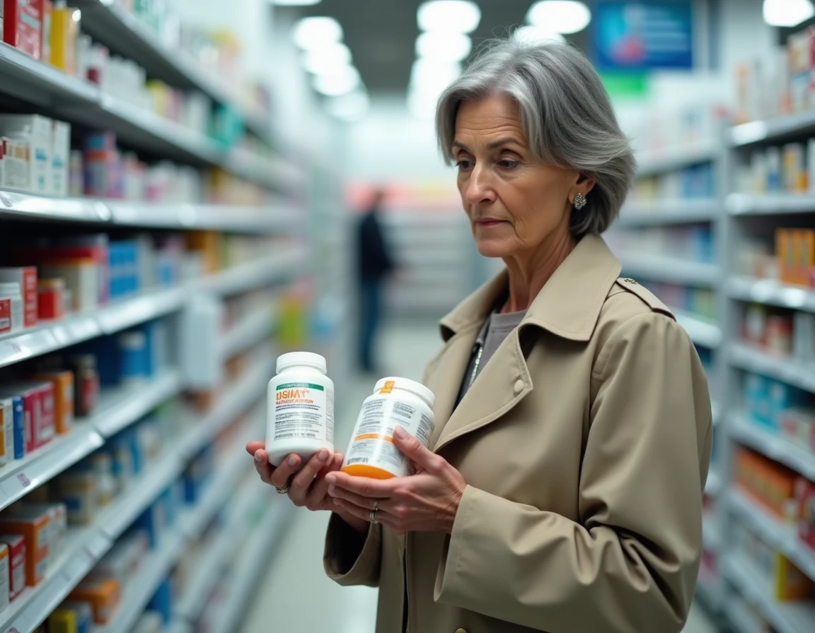Femme en pharmacie comparant deux compléments alimentaires avec une expression prudente, évaluant les risques et effets secondaires