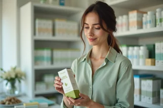 Femme en pharmacie tenant une boîte de cure détox Lulutox et vérifiant son prix sur l'étiquette