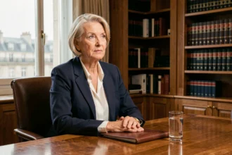 Femme politique âgée assise dans une salle de réunion institutionnelle parisienne, expression sereine et déterminée, illustrant la discrétion et la dignité face à la maladie
