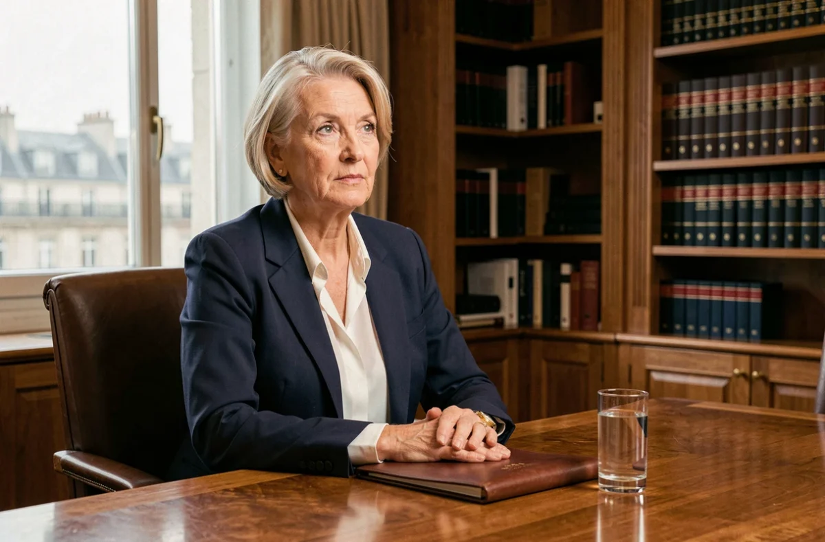 Femme politique âgée assise dans une salle de réunion institutionnelle parisienne, expression sereine et déterminée, illustrant la discrétion et la dignité face à la maladie