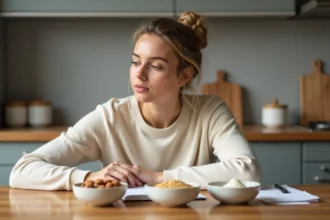 Jeune femme compare amandes entières et en poudre