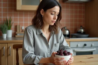 Femme tenant un bol de pruneaux dans une cuisine en bois, illustrant la consommation quotidienne de pruneaux et leurs effets digestifs