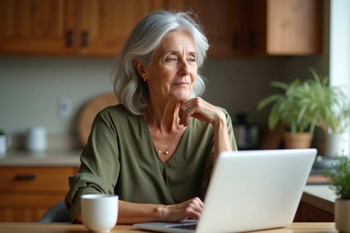 Femme recherchant des informations sur une boule sous l'aisselle sur internet dans sa cuisine