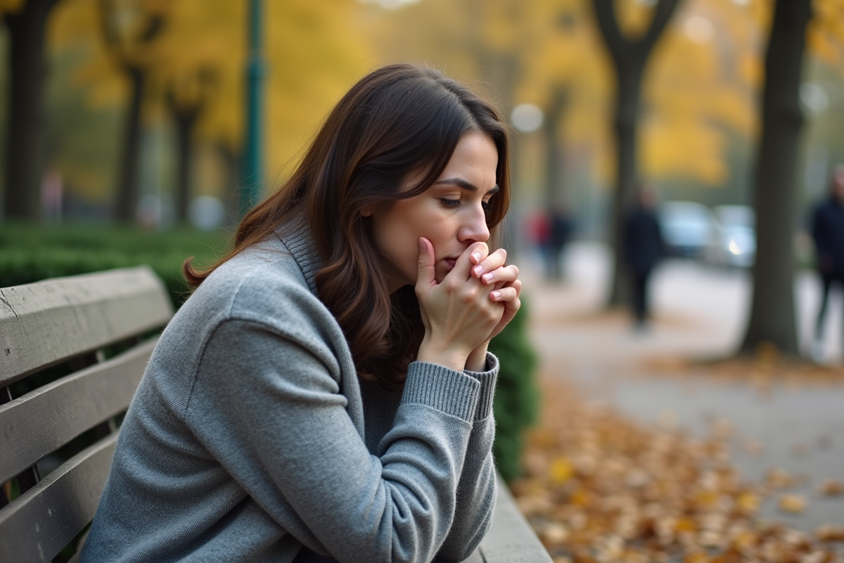 Femme en sweater gris sur un banc de parc en automne