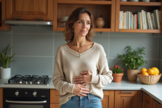 Femme en cuisine pensant à sa santé