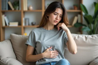 Femme en t-shirt gris touchant son aisselle avec souci